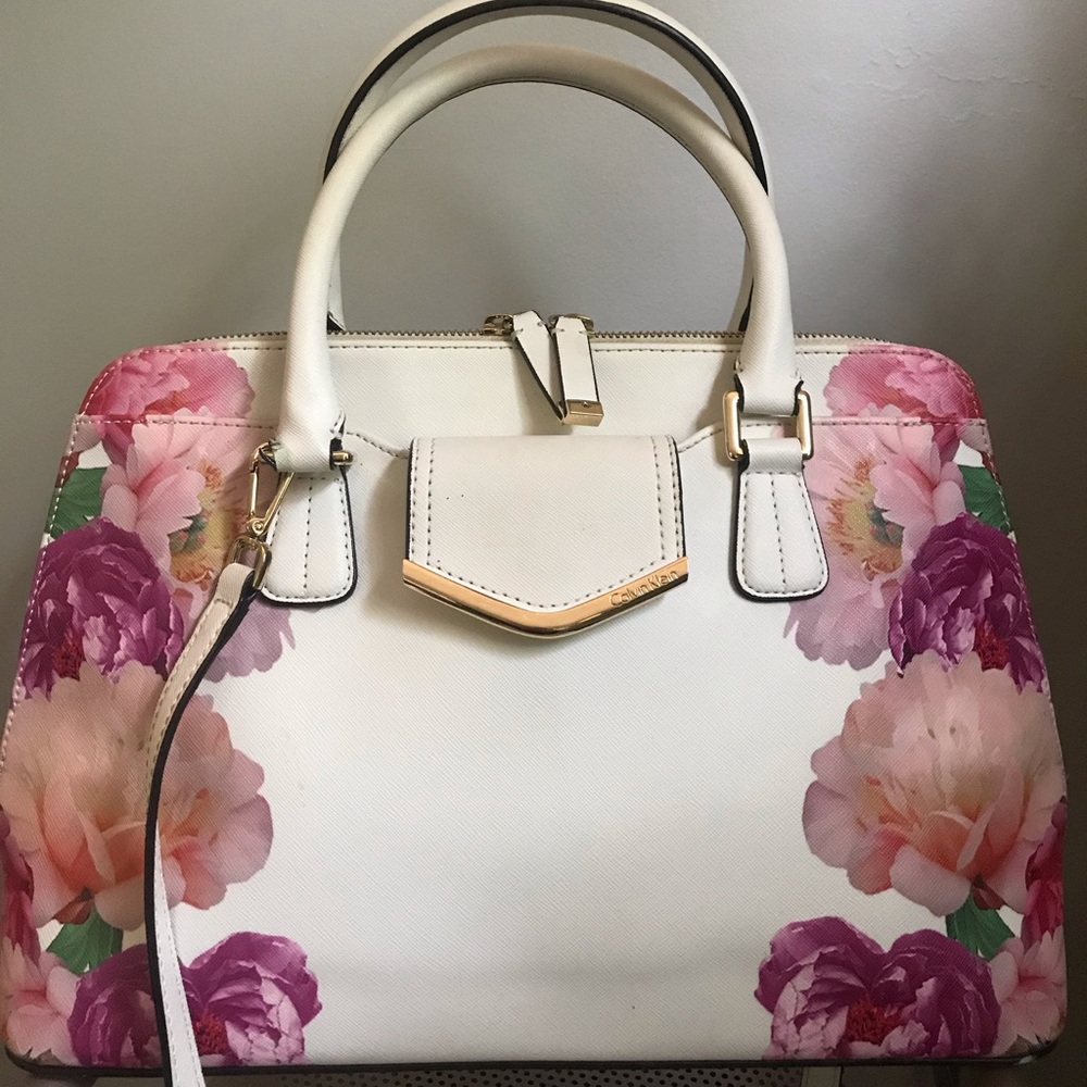 Calvin Klein White flowered tote